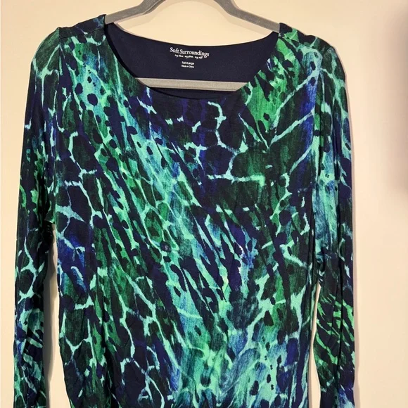 Soft Surroundings Darcy Patterned Long Sleeve Dress Size Tall XL Green Blue - Picture 3 of 7